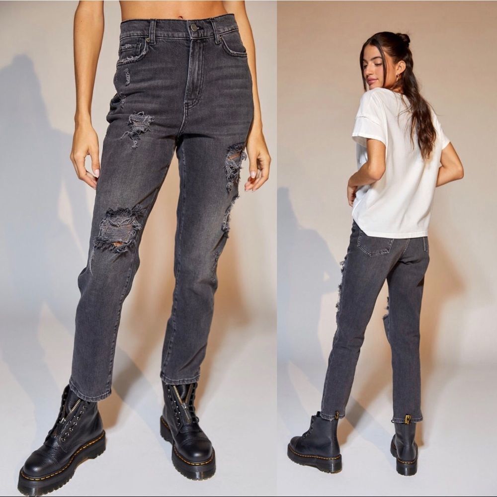 BDG High Rise Slim Straight Jeans Womens 27‎ Black Wash Ripped Grunge Worn In